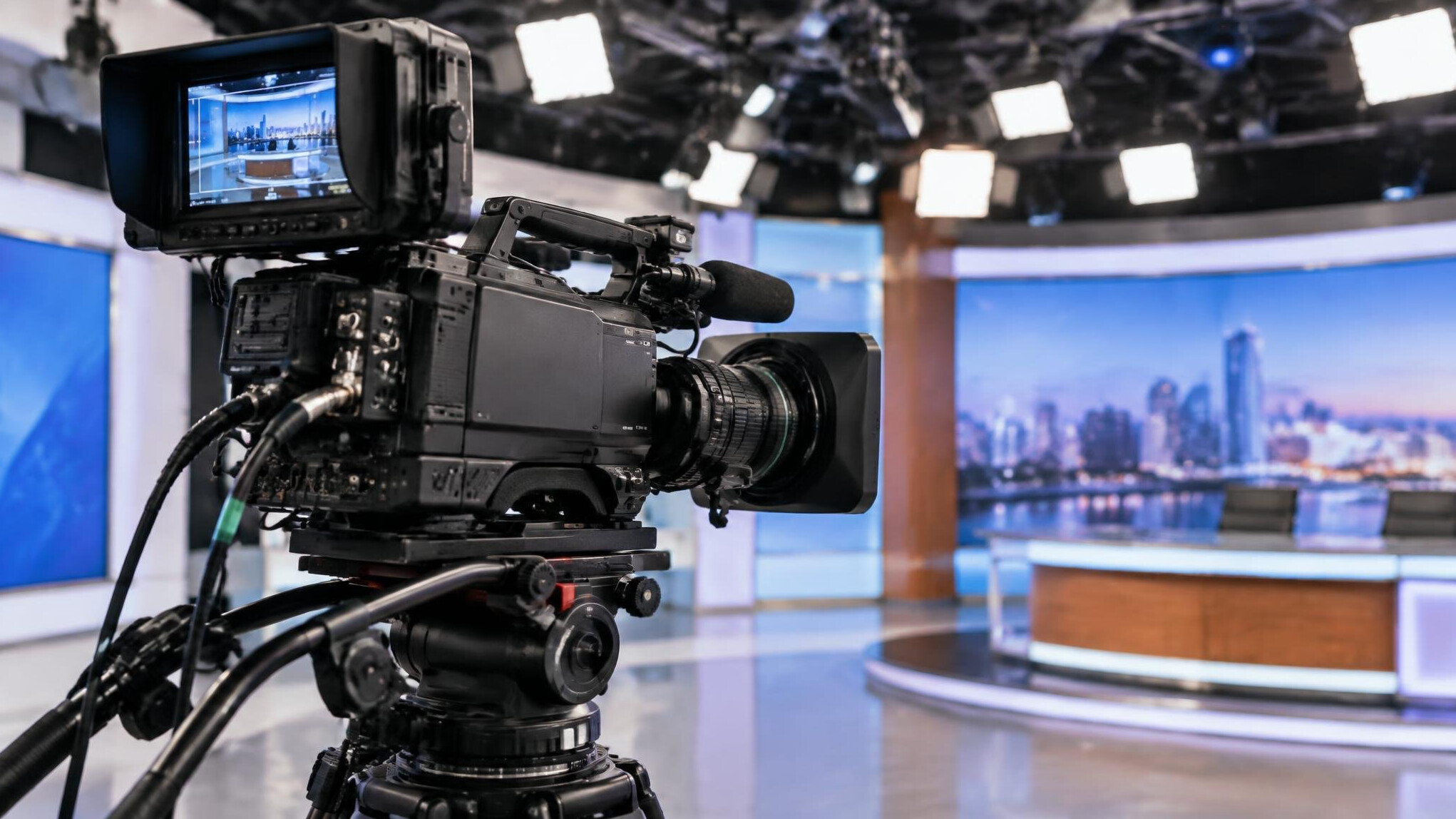 Professional video camera set up on a tripod in a studio