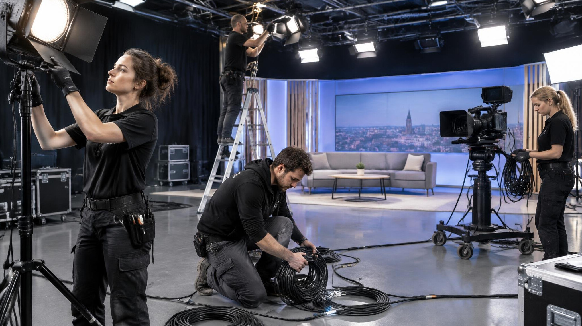 Crew setting up lighting in a television studio