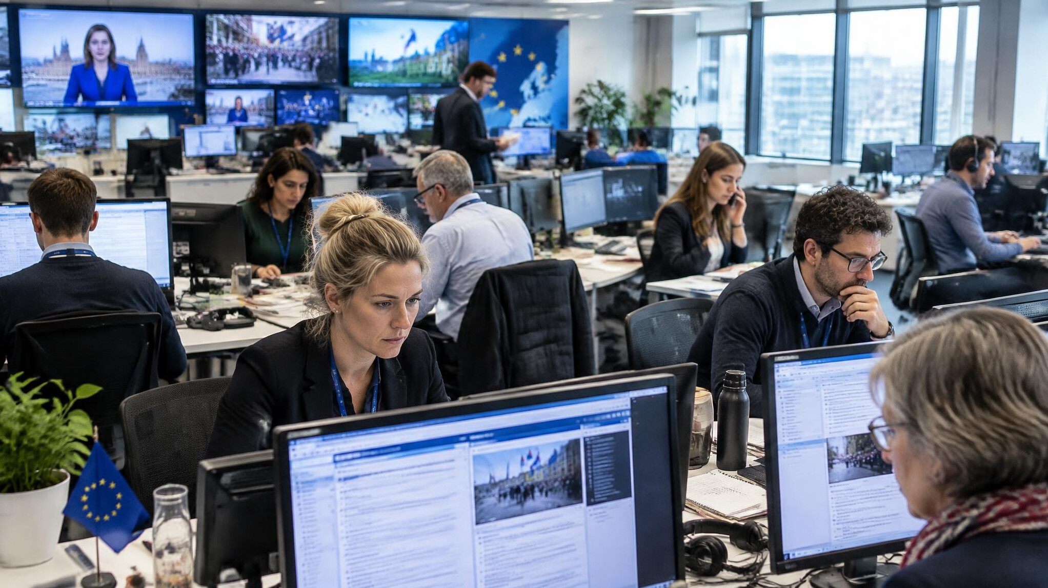 Reporters working at desks in a busy newsroom