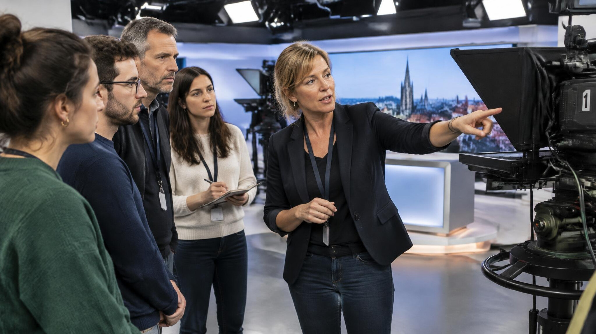 Instructor teaching a group in a television studio