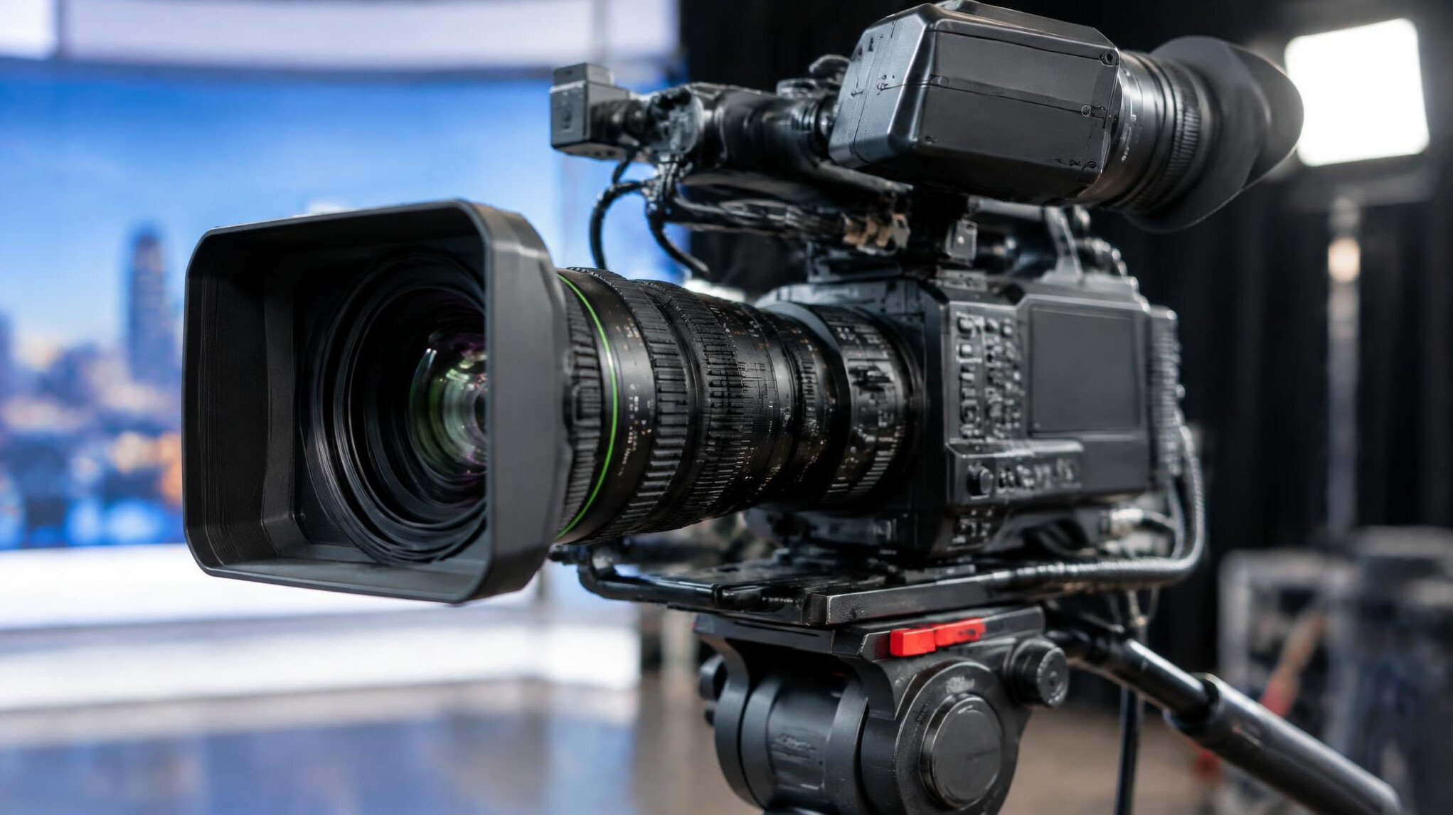 Close-up of professional broadcast camera equipment