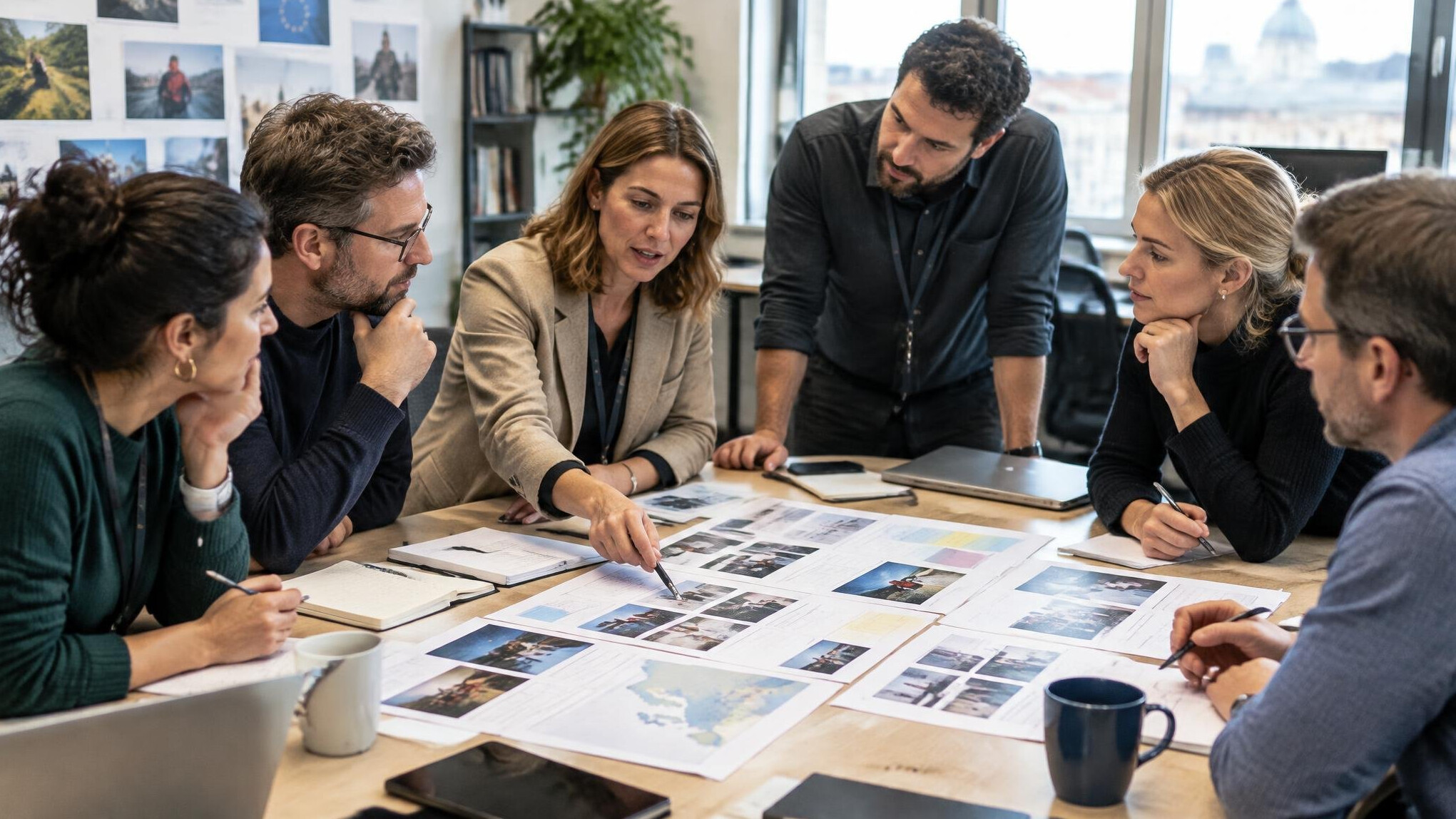 Diverse editorial team planning a story around a table