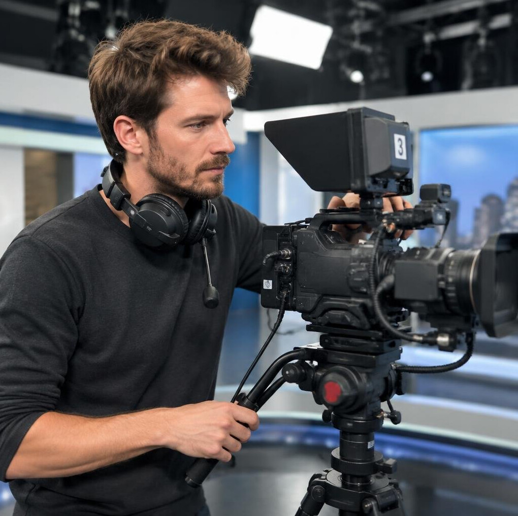 Camera operator adjusting a professional video camera